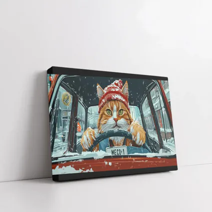 Orange Cat Driving Red Car Snowy Street