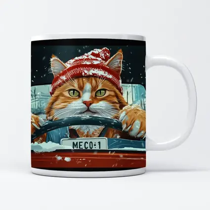Orange Cat Driving Red Car Snowy Street