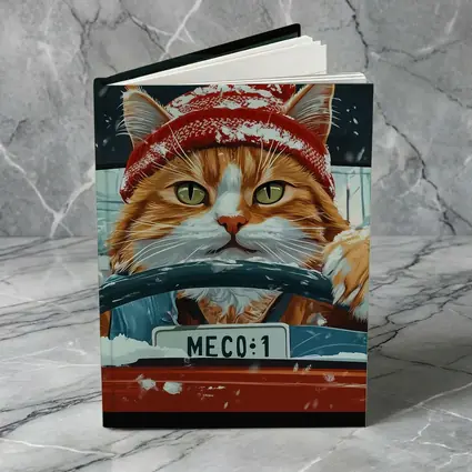 Orange Cat Driving Red Car Snowy Street