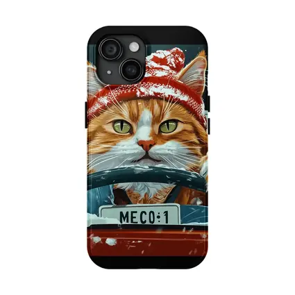 Orange Cat Driving Red Car Snowy Street