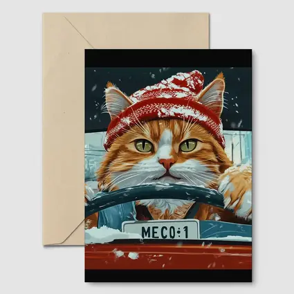 Orange Cat Driving Red Car Snowy Street