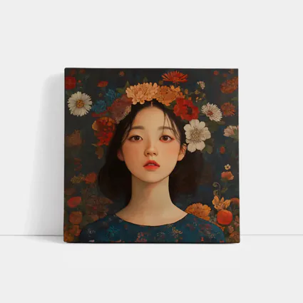 Asian Girl Floral Crown Dark Botanical Background