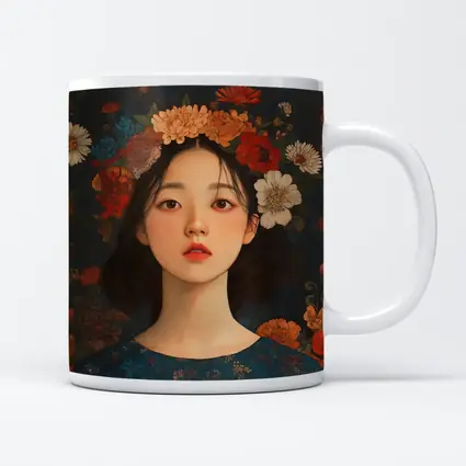 Asian Girl Floral Crown Dark Botanical Background