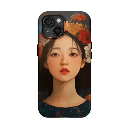 Asian Girl Floral Crown Dark Botanical Background