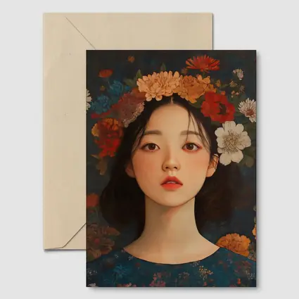 Asian Girl Floral Crown Dark Botanical Background