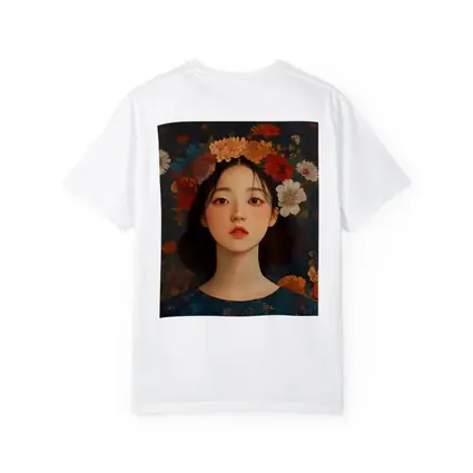 Asian Girl Floral Crown Dark Botanical Background