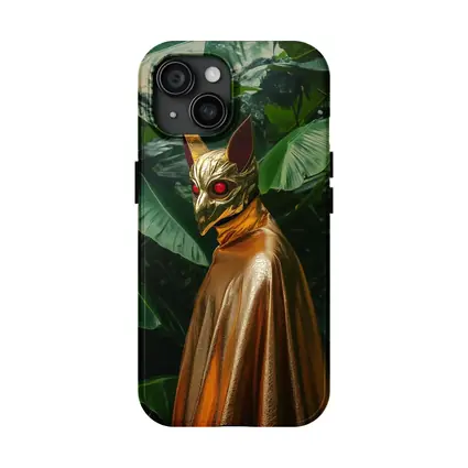 Golden Masked Figure Tropical Jungle Background