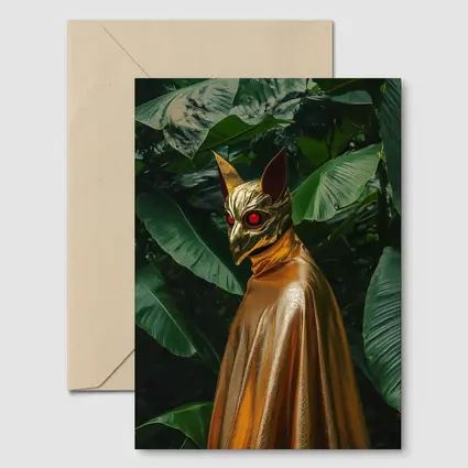 Golden Masked Figure Tropical Jungle Background