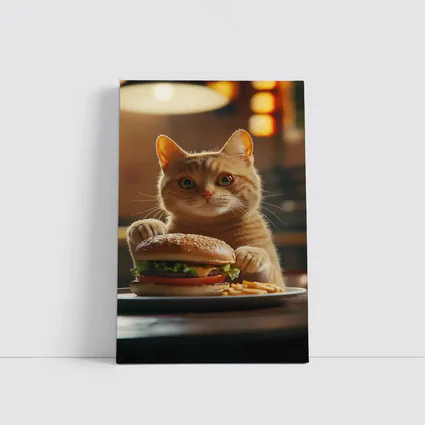 Orange Cat Holding Burger At Restaurant