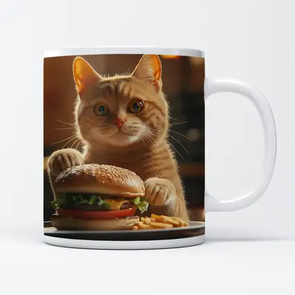 Orange Cat Holding Burger At Restaurant