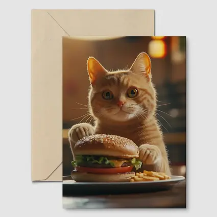 Orange Cat Holding Burger At Restaurant