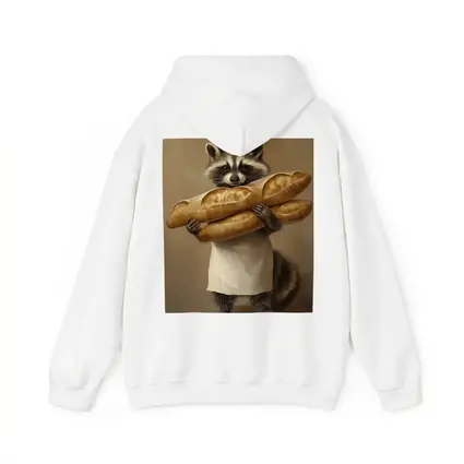 Raccoon Chef Holding Baguettes Beige Background