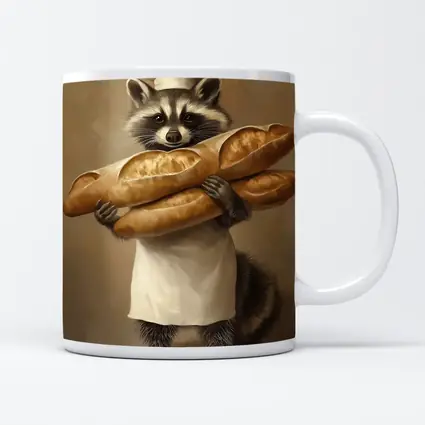 Raccoon Chef Holding Baguettes Beige Background