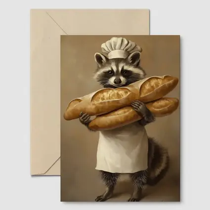 Raccoon Chef Holding Baguettes Beige Background