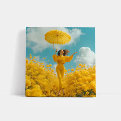 Woman Yellow Flowers Field Sky Background