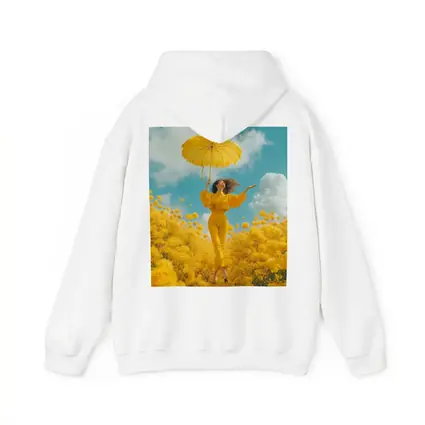 Woman Yellow Flowers Field Sky Background