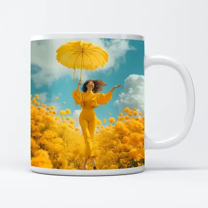 Woman Yellow Flowers Field Sky Background