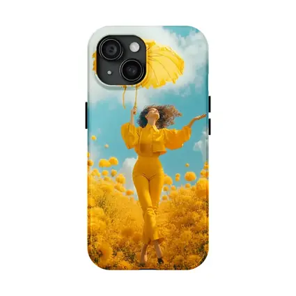 Woman Yellow Flowers Field Sky Background