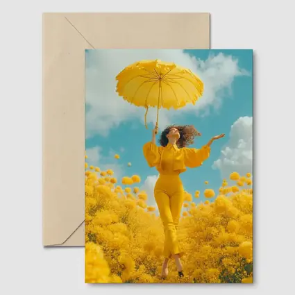 Woman Yellow Flowers Field Sky Background