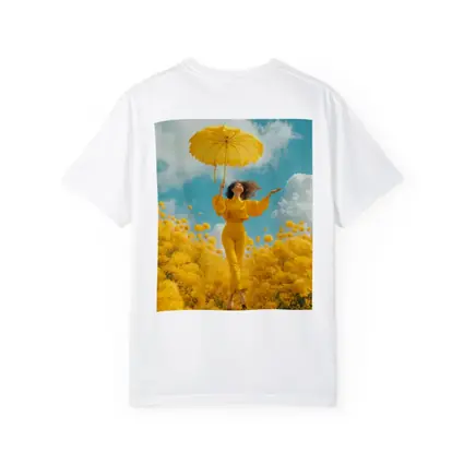 Woman Yellow Flowers Field Sky Background