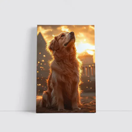 Golden Retriever Glowing Sunset Ancient Ruins