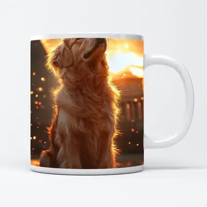 Golden Retriever Glowing Sunset Ancient Ruins