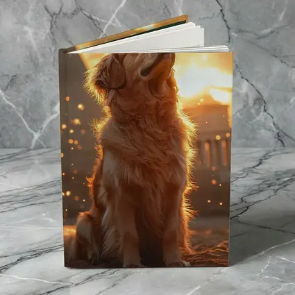 Golden Retriever Glowing Sunset Ancient Ruins