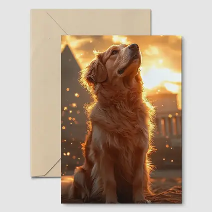 Golden Retriever Glowing Sunset Ancient Ruins