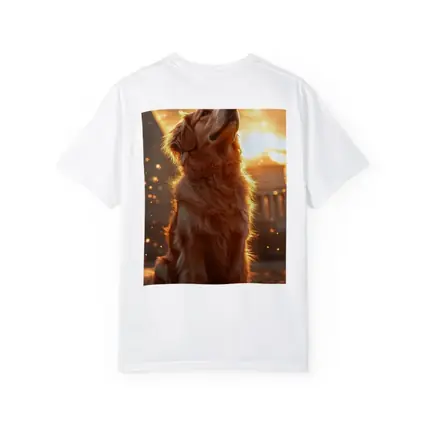 Golden Retriever Glowing Sunset Ancient Ruins