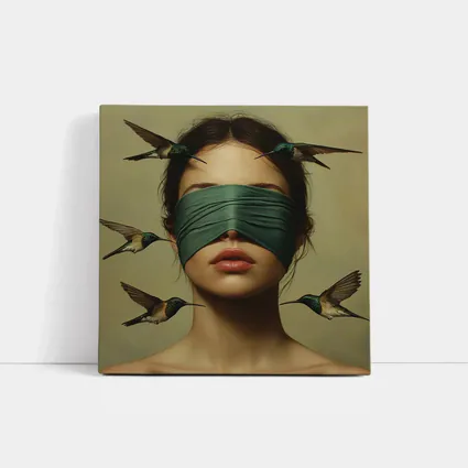 Blindfolded Woman Hummingbirds Surreal Portrait Art