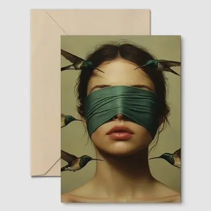Blindfolded Woman Hummingbirds Surreal Portrait Art