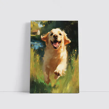 Happy Golden Retriever Running Through Green Fields