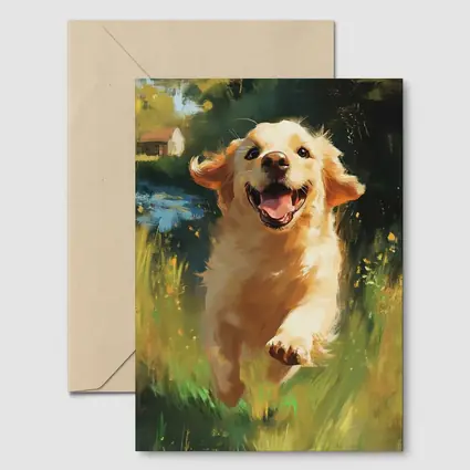 Happy Golden Retriever Running Through Green Fields