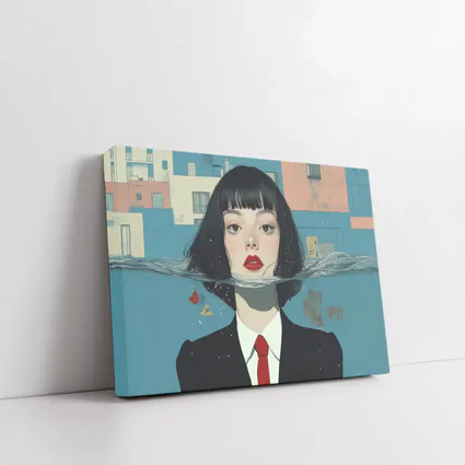 Woman Half Submerged Urban Water Illustration
