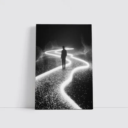 Lone Figure Standing on Glowing Winding Path