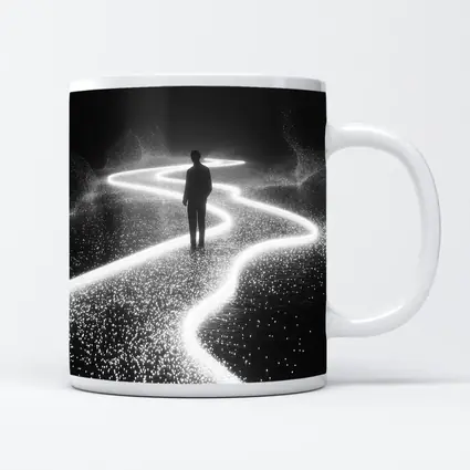 Lone Figure Standing on Glowing Winding Path