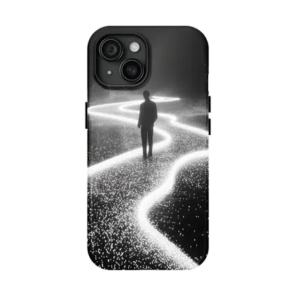 Lone Figure Standing on Glowing Winding Path