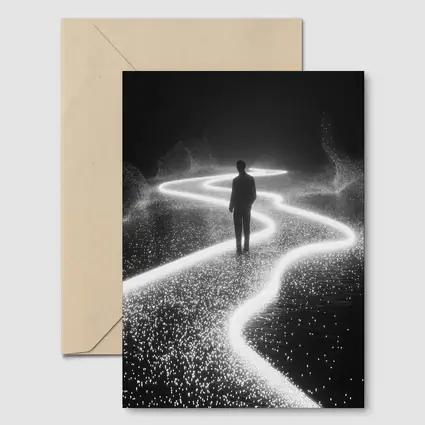 Lone Figure Standing on Glowing Winding Path