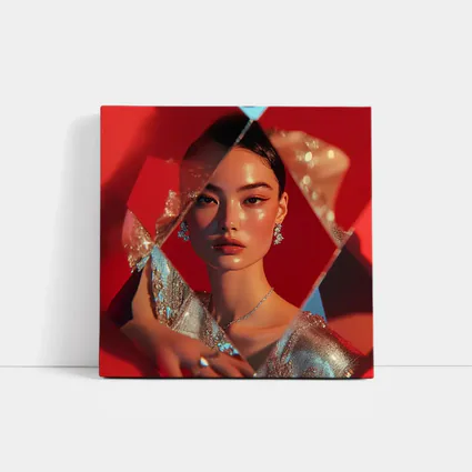 Asian Woman Silver Dress Red Geometric Background