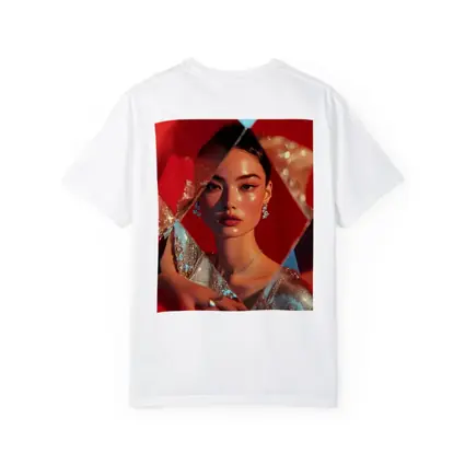 Asian Woman Silver Dress Red Geometric Background