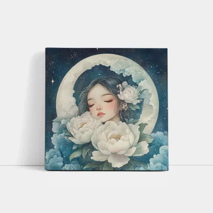 Sleeping Girl Moon Peonies Night Sky
