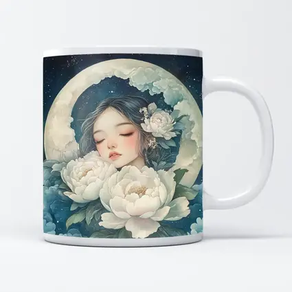 Sleeping Girl Moon Peonies Night Sky