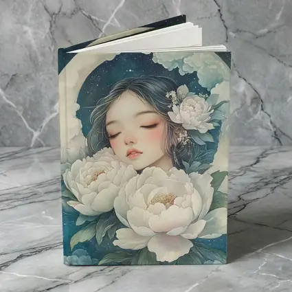Sleeping Girl Moon Peonies Night Sky