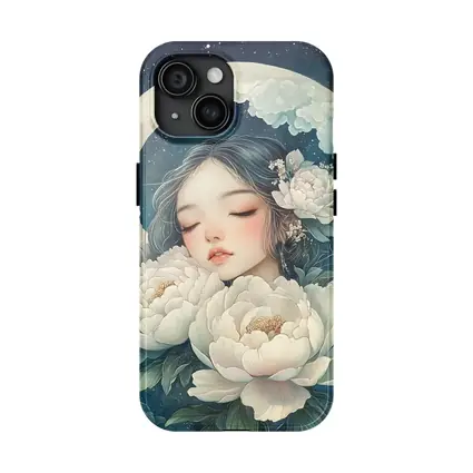 Sleeping Girl Moon Peonies Night Sky