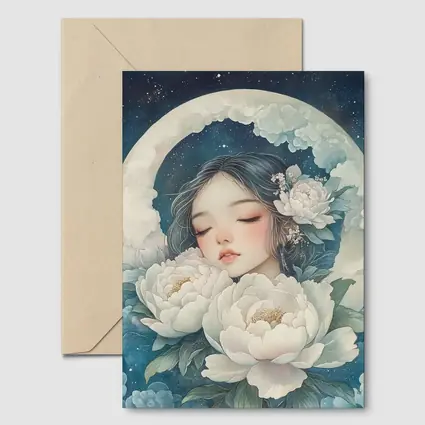 Sleeping Girl Moon Peonies Night Sky