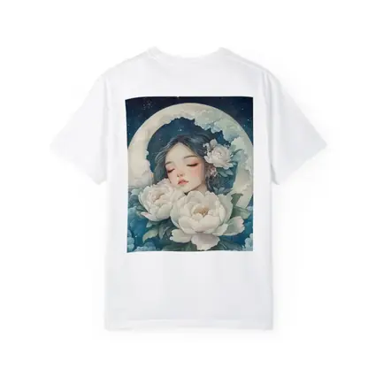 Sleeping Girl Moon Peonies Night Sky