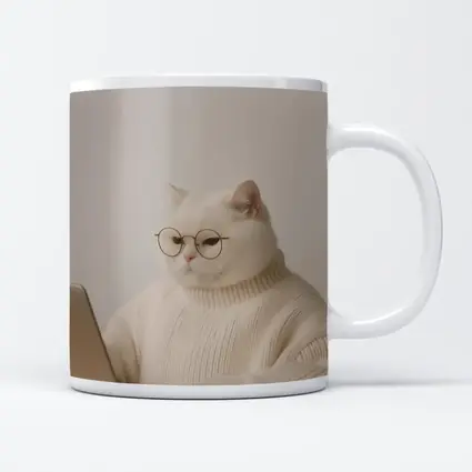 White Cat Glasses Turtleneck Sweater Laptop