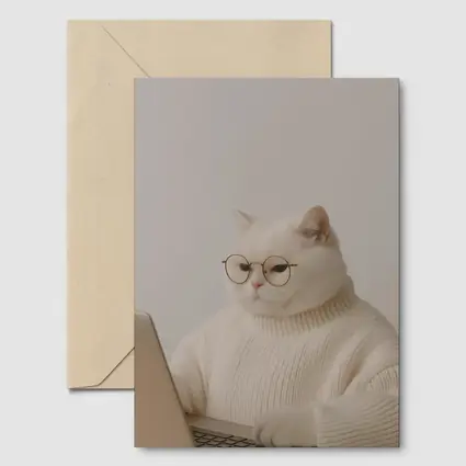 White Cat Glasses Turtleneck Sweater Laptop