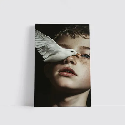 Boy With White Dove Dark Background