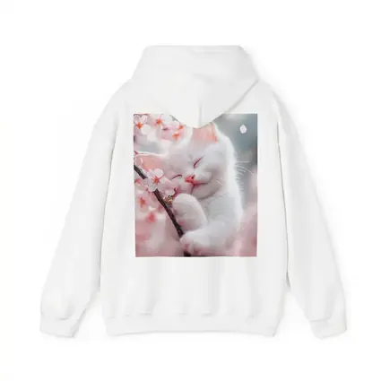 White Kitten Sleeping Among Cherry Blossoms